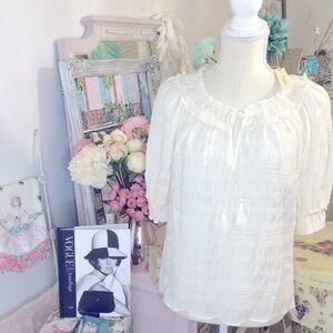 NWT✨ Max Studio London Puff Sleeve Tie Neck Gathered Elegant Cream Blouse Sm!